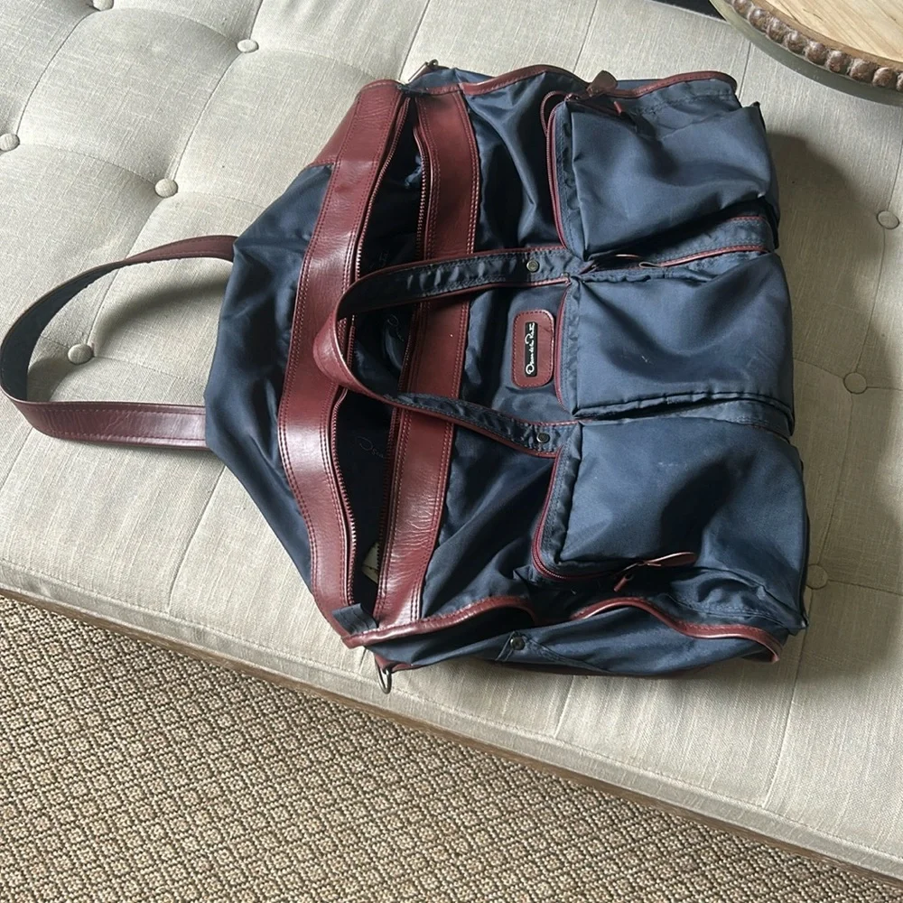 Oscar de la Renta Navy Maroon Trimmed Travel Duffle Bag